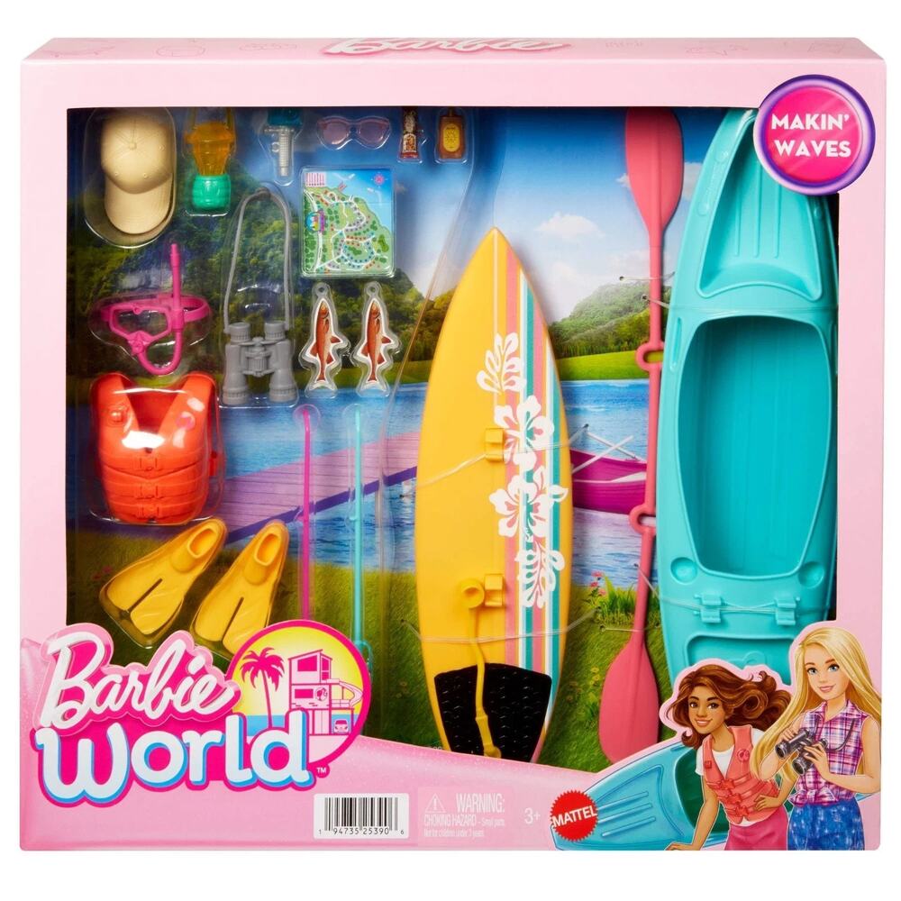 Barbie World Kayak & Surf Playset with 17 Camping Accessories & Kayak HYR12